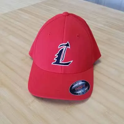 Liberty L logo embroidered on a red fitted baseball cap