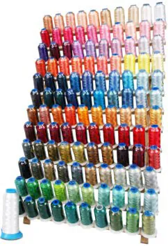 Rack of colorful embroidery thread spools