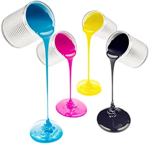 Cyan, magenta, yellow and black ink pouring from cans
