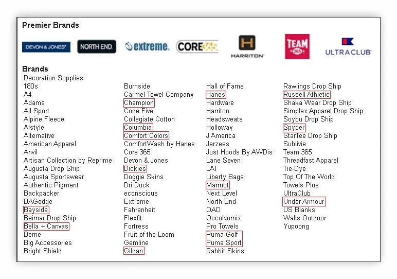 Brands available in the Alpha apparel catalog