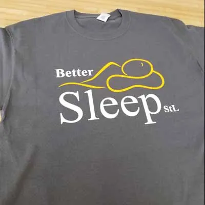 Better Sleep St. logo screen printed on a grey t-shirt