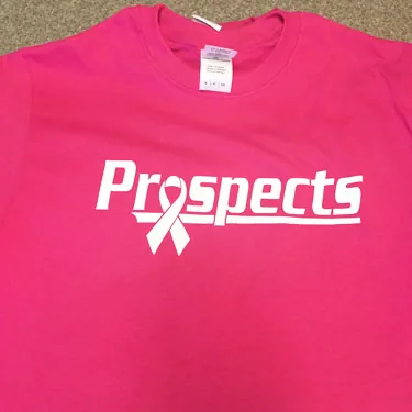Prospects logo screen printed on a pink t-shirt