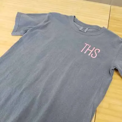 THS left chest print on a grey t-shirt