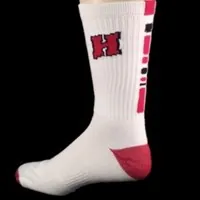 White and red custom knit socks with H logo